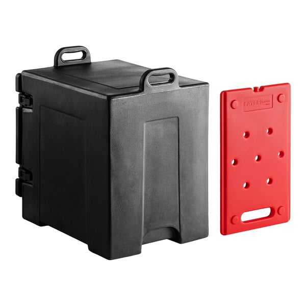 A black front-loading insulated food pan carrier with a separate red hot board, designed to hold up to five full-size pans.