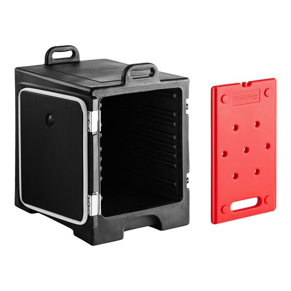 A black front-loading insulated food pan carrier with a separate red hot board, designed to hold up to five full-size pans.