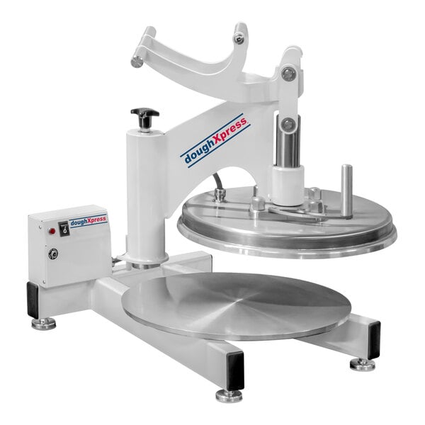 A white DoughXpress manual pizza dough press machine.
