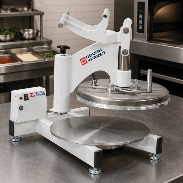 A manual swing away pizza dough press with an 18-inch plate, labeled 'DoughXpress DMS-18-220,' designed for pressing pizza dough in commercial kitchens.