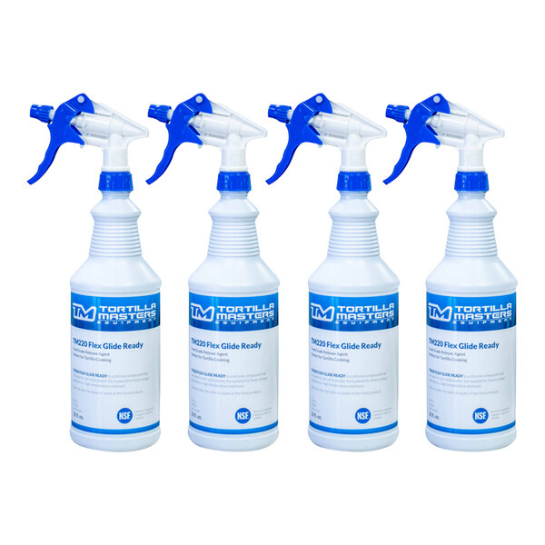 A set of four 1-quart spray bottles of Tortilla Masters TM220 Flex Glide Ready Release Agent for tortilla machines.