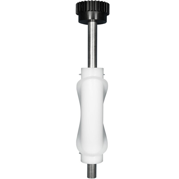 A white and black plastic cylinder with a black wheel on top.