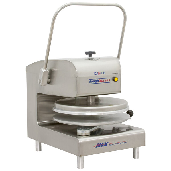 A DoughXpress stainless steel pizza dough press with a handle.