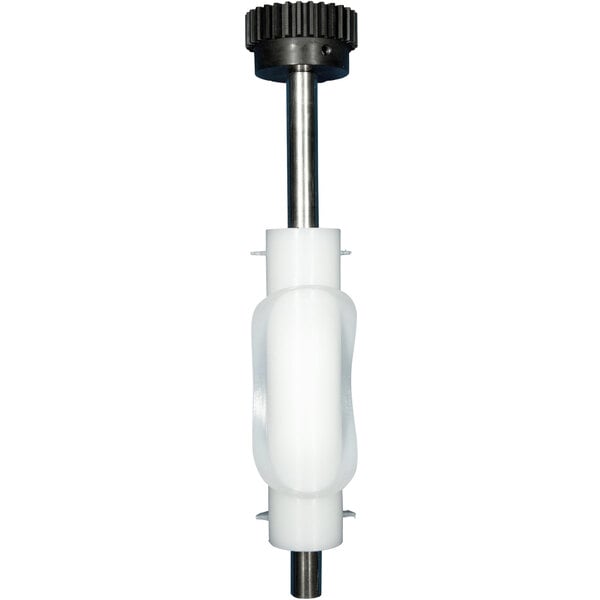 A white plastic and metal rod with a black plastic handle in a plastic package.