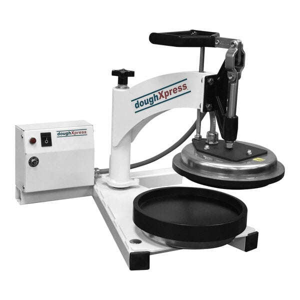 A white and black DoughXpress manual pizza dough press on a counter.