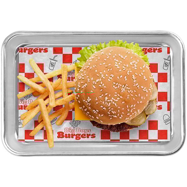 A rectangular sheet of white customizable basket liner or deli wrap with a red checkered pattern and food illustrations, used to line trays or baskets for serving food.