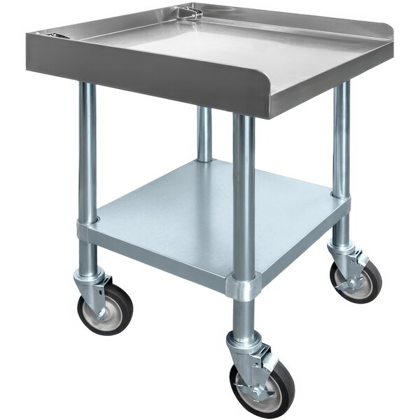 A Tortilla Masters stainless steel equipment stand with wheels.