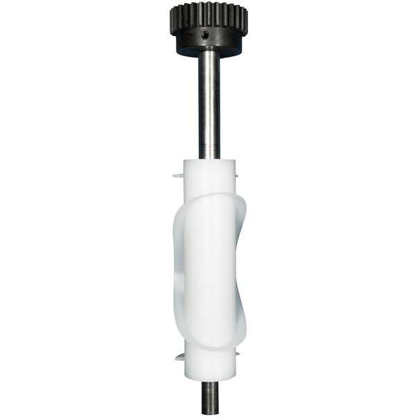 A white plastic screw with a black handle.