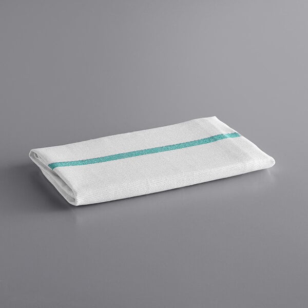 A white kitchen towel with a blue stripe.