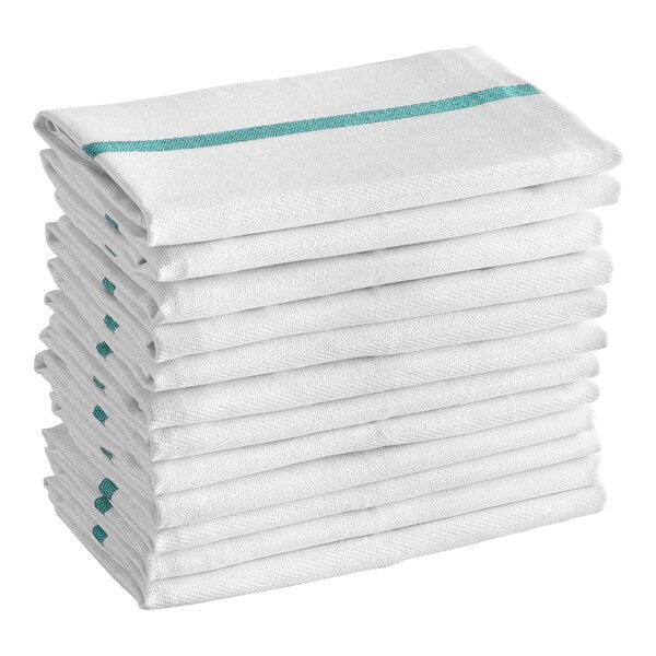 Choice 15" x 26" 24 oz. Green-Striped Cotton Herringbone Kitchen Towel - 12/Pack