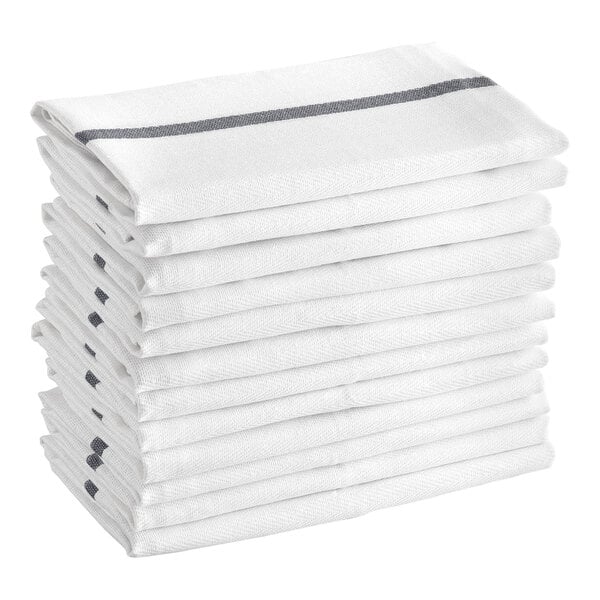 Choice 15" x 26" 24 oz. Black-Striped Cotton Herringbone Kitchen Towel - 12/Pack