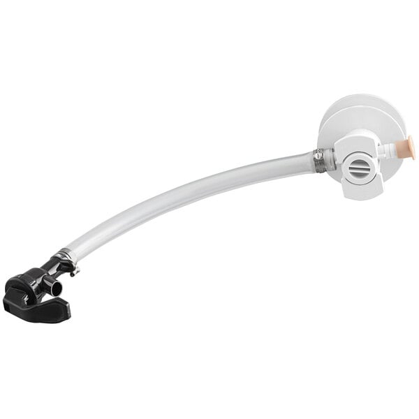 A white tap valve with a black hose.