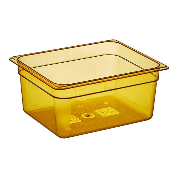 A Cambro amber plastic food pan with a clear lid.