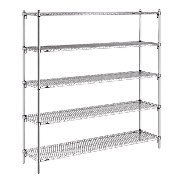 A large chrome wire shelving unit with five adjustable shelves.