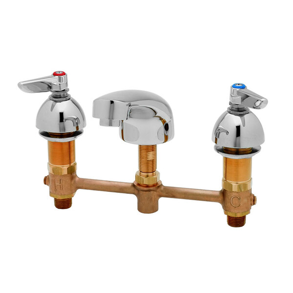 A T&S deck mounted medical lavatory faucet with two brass swivel joint handles and a 5" nozzle.