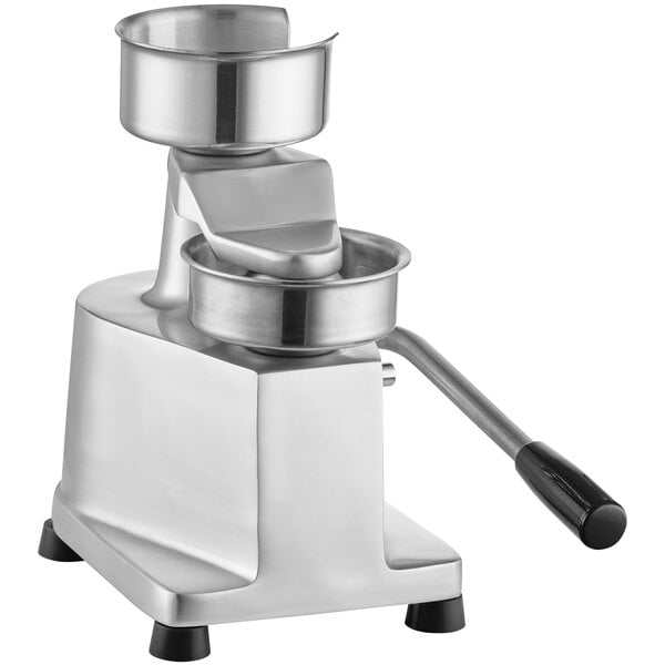 A stainless steel Choice Prep hamburger patty molding press with a handle.