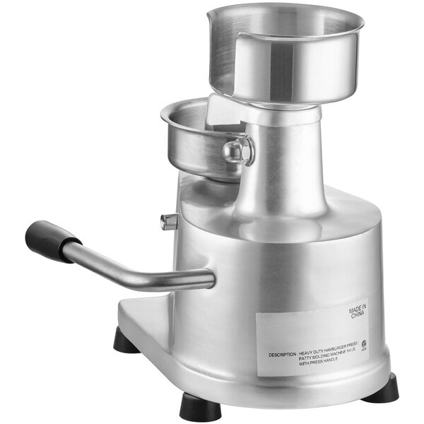 A stainless steel Choice Prep hamburger patty molding press with a handle.