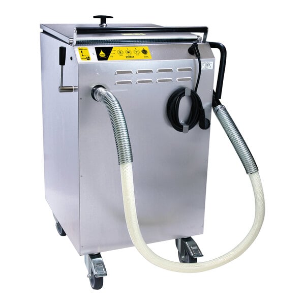 A VITO fryer oil filtration machine with hoses on wheels.