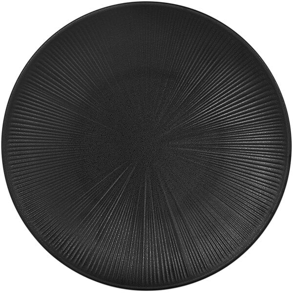 A matte black Elite Global Solutions Hermosa coupe plate with a spiral design.