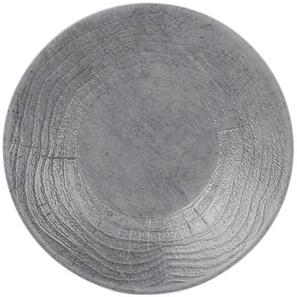 A grey Elite Global Solutions Denali melamine plate with a circular pattern.