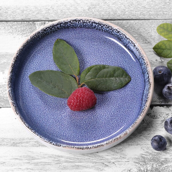 A blue Elite Global Solutions Monet melamine plate with a raspberry and leaves on it.