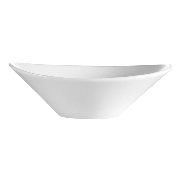 A CAC Super White porcelain oval bowl with a curved edge on a white background.