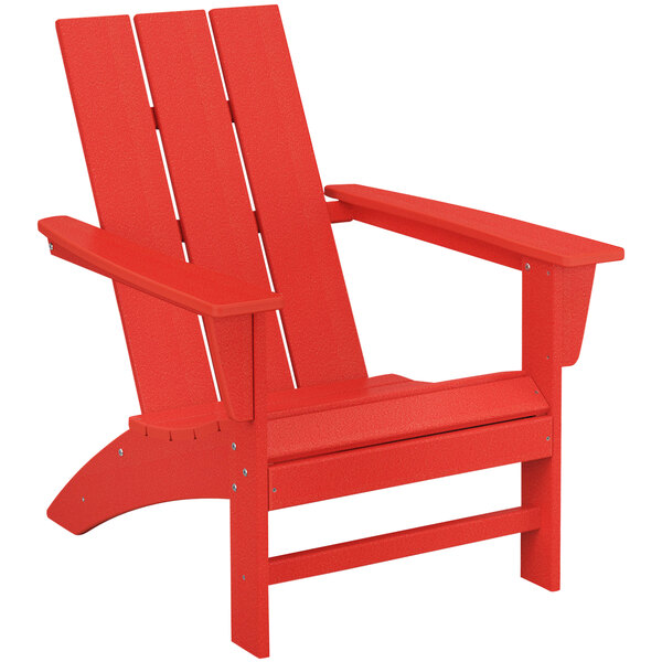 A red POLYWOOD Adirondack chair with armrests.