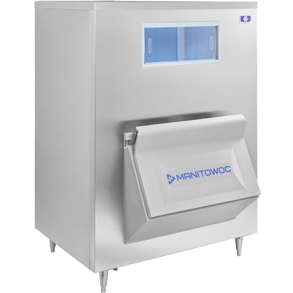 A white rectangular Manitowoc upright ice storage bin with a blue lid.