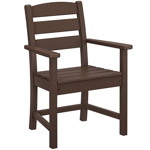A brown POLYWOOD Lakeside dining arm chair with a seat and back.