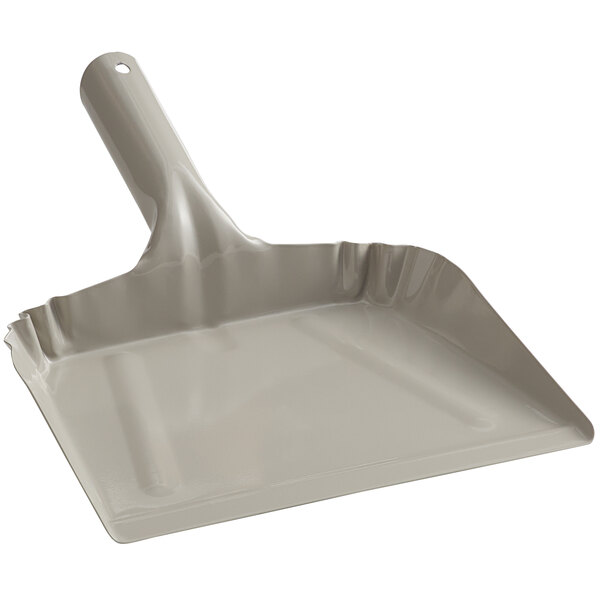 a grey dust pan with a handle