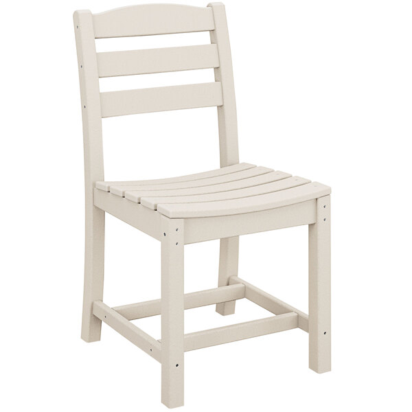 A white POLYWOOD La Casa Cafe dining side chair with a wooden seat