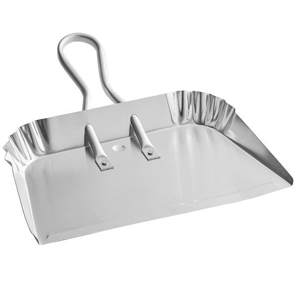 A silver aluminum dustpan with a handle.