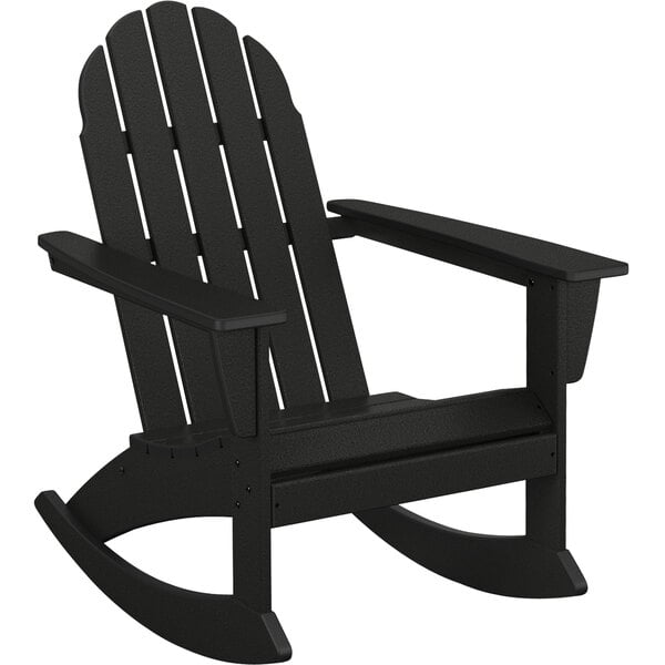 A black POLYWOOD Adirondack rocking chair with armrests.