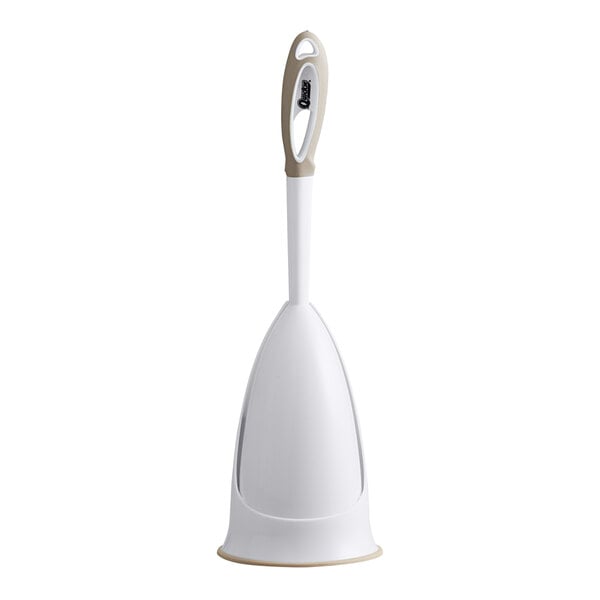 A white Quickie toilet bowl brush with a brown handle in a white caddy.