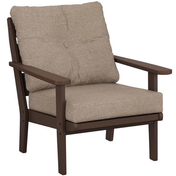 A POLYWOOD Lakeside Mahogany Deep Seating Chair with a Spiced Burlap cushion.