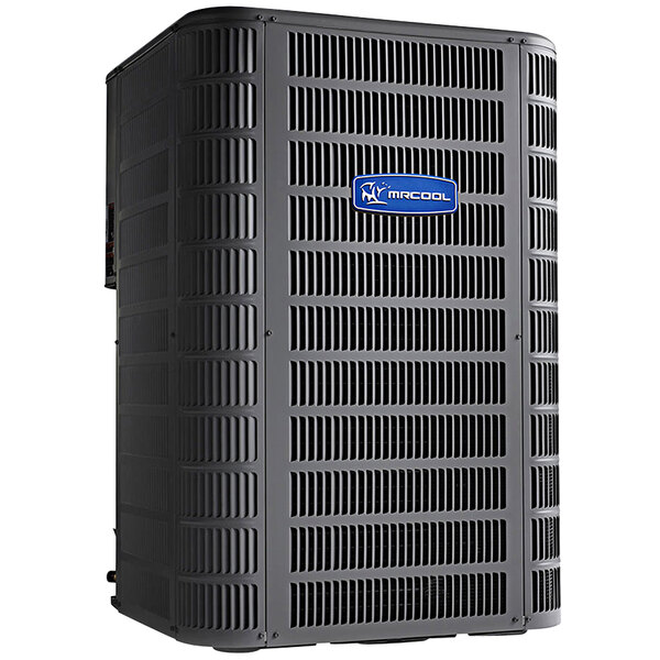 A black MRCOOL Signature 4 ton split system heat pump with a blue label.