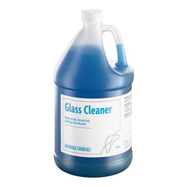 A 1-gallon jug of Advantage Chemicals ready-to-use glass cleaner with a blue liquid inside.