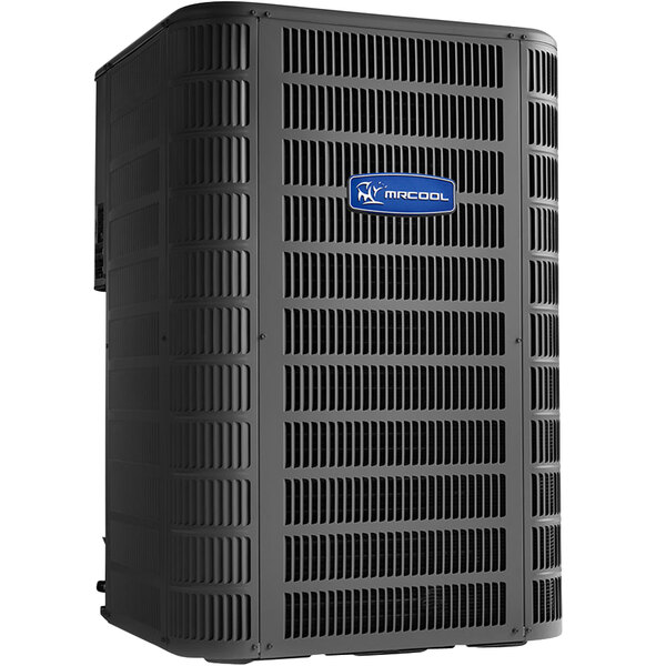 A black MRCOOL central air conditioner condenser with a blue and white logo.
