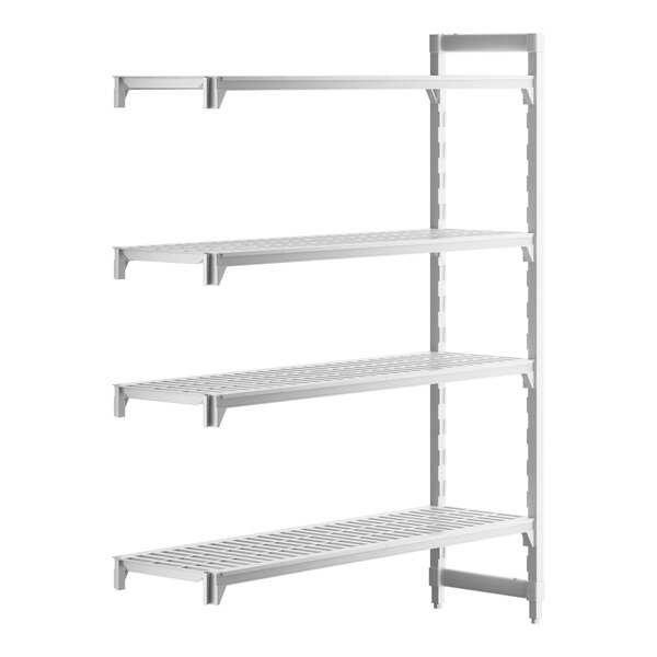 A white plastic Cambro Camshelving® Premium Add On Unit with 4 shelves.