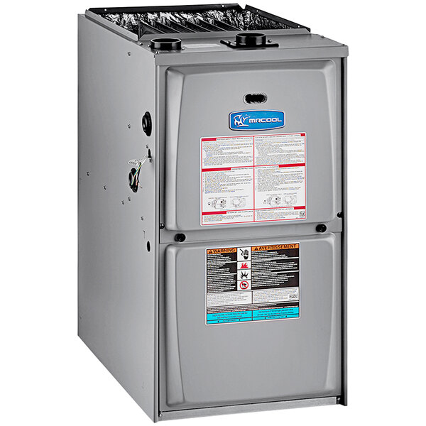 A grey rectangular MRCOOL gas furnace with a blue label on it.