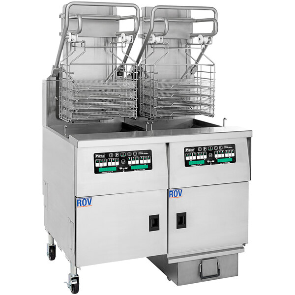 A Pitco Solstice liquid propane rack floor fryer with two baskets.