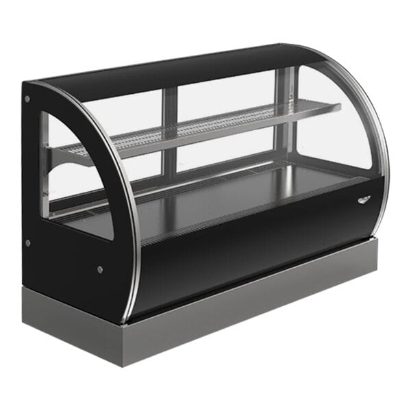 A black and silver Vollrath heated countertop display case with shelves holding food.