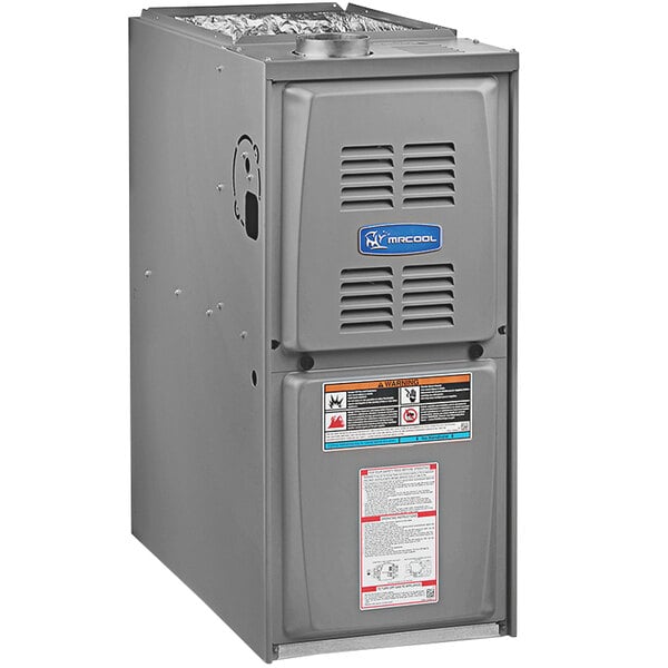 A grey MRCOOL natural gas furnace with a rectangular vent.