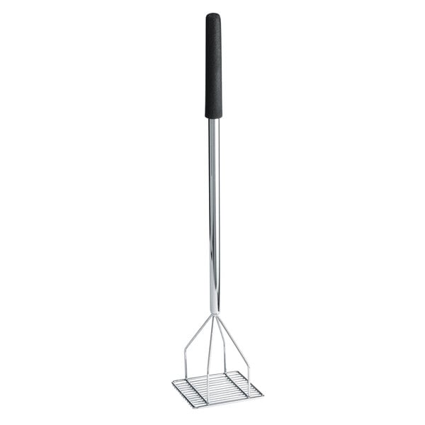 Tablecraft 30" Chrome Plated Steel Square-Faced Potato/Bean Masher with Black Vinyl Handle 3155