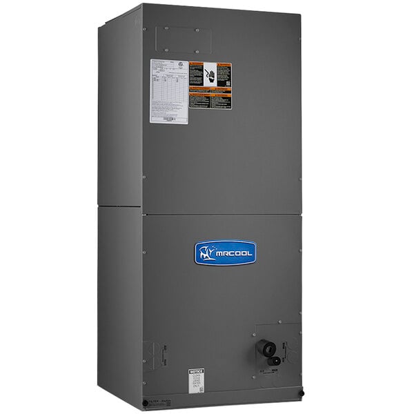 A grey rectangular MRCOOL air handler with a blue label.