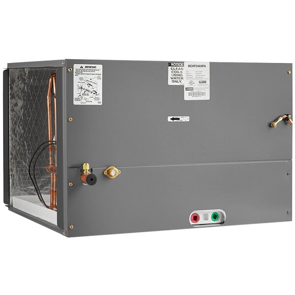 A grey rectangular MRCOOL evaporator coil with copper pipes.