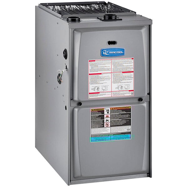 A grey rectangular MRCOOL gas furnace with a blue label on it.