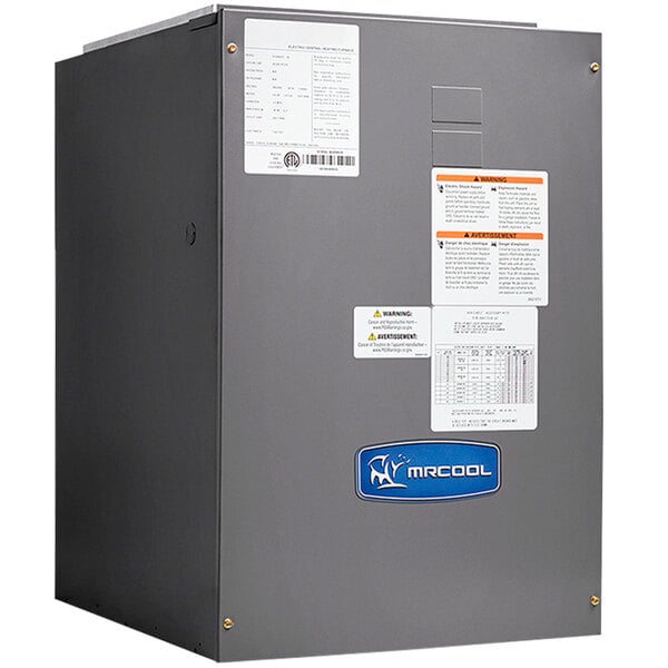 A grey MRCOOL multi-speed modular blower cabinet with white labels.