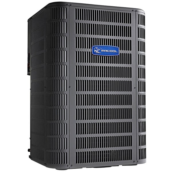A black MRCOOL Signature 3.5 Ton split system heat pump with a blue label.