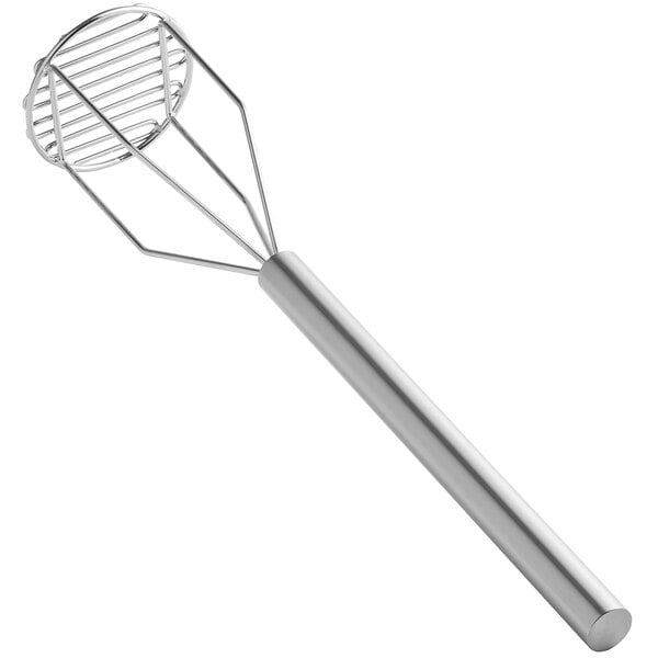 A silver Tablecraft round-faced potato masher with a metal whisk handle.